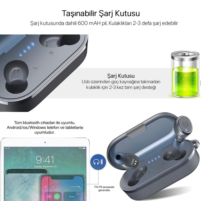 Tozo T10S IPX8 Su Geçirmez ENC Gürültü Engelleme Bluetooth 5.3 TWS Kablosuz Kulaklık Mavi