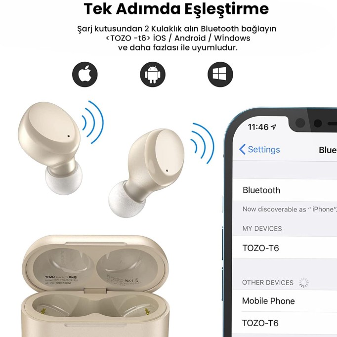 Tozo T6S IPX8 Su Geçirmez ENC Gürültü Engelleme Bluetooth 5.3 TWS Kablosuz Kulaklık Şampanya