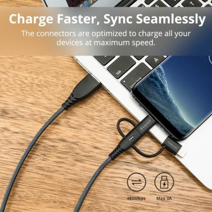 Tronsmart LAC10 3in1 iPhone Lightning Type-C Micro USB Şarj Kablosu