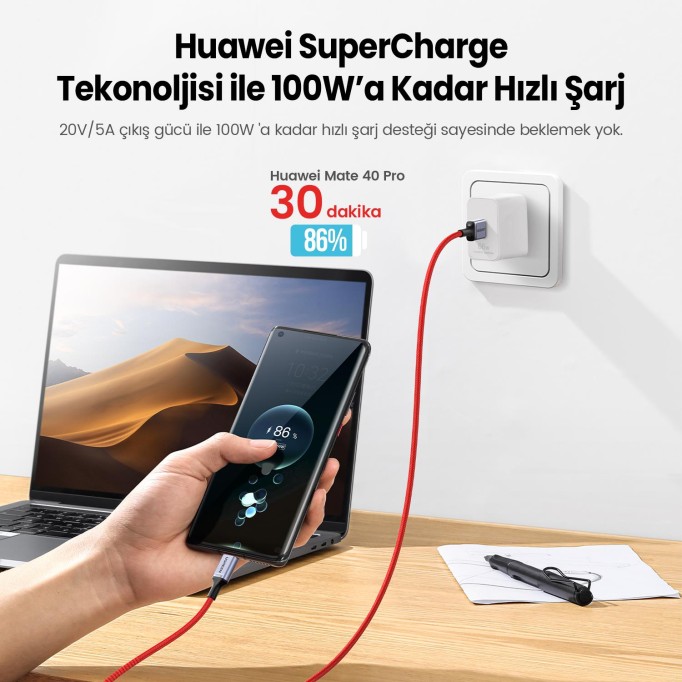 Ugreen 100W 6A SuperCharge Örgülü Type-C Data ve Şarj Kablosu 1 Metre