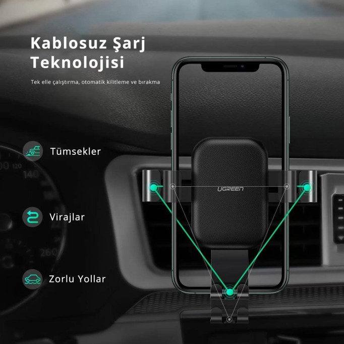 Ugreen 10W Kablosuz Şarj Destekli Araç İçi Mekanik Telefon Tutucu