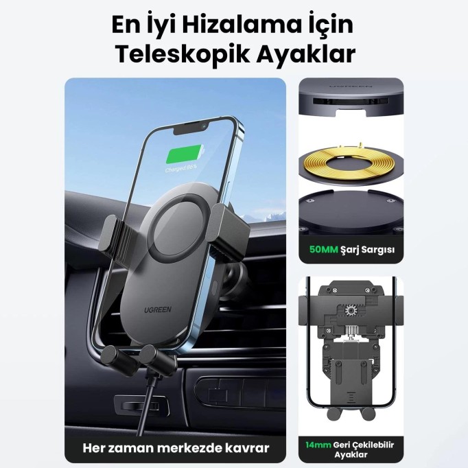 Ugreen 15W Kablosuz Şarj Destekli Araç İçi Sensörlü Otomatik Telefon Tutucu