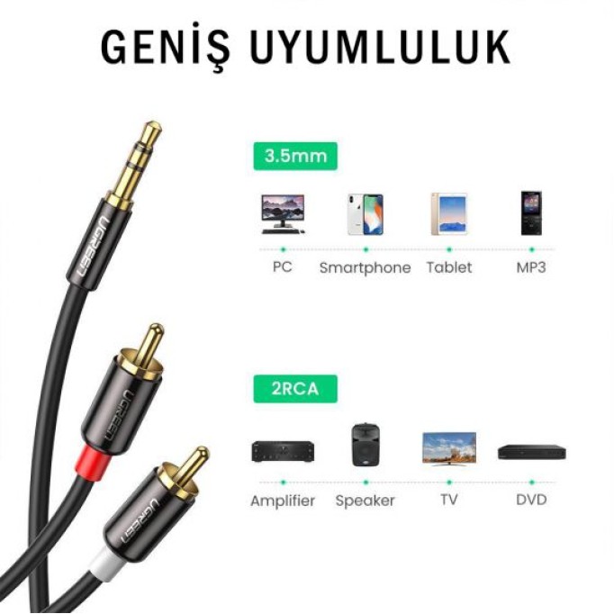 Ugreen 2 RCA 3.5mm Aux Ses Kablosu 3 Metre Ugreen 2 RCA 3.5mm Aux Ses Kablosu 3 Metre