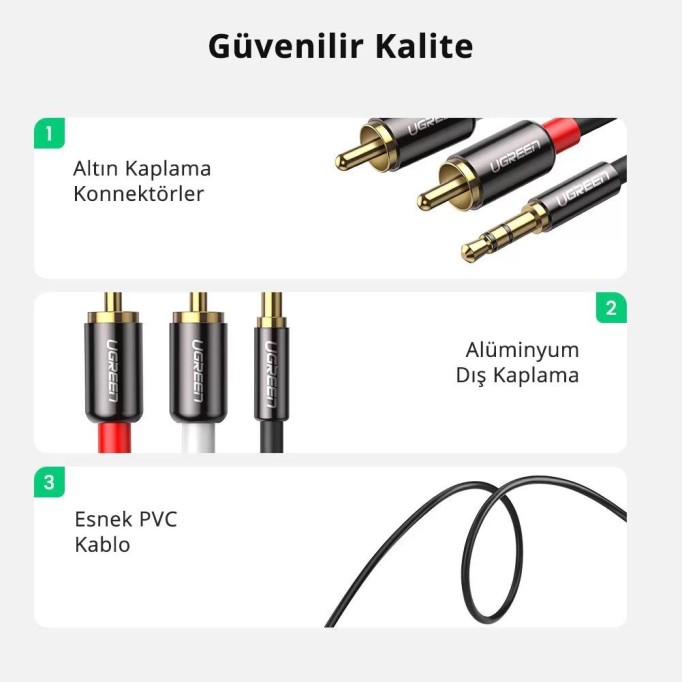 Ugreen 2 RCA 3.5mm Aux Ses Kablosu 3 Metre