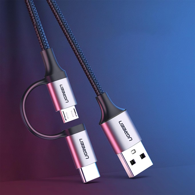 Ugreen 2'si 1 Arada Örgülü Type-C Micro USB Şarj ve Data Kablosu 1 Metre