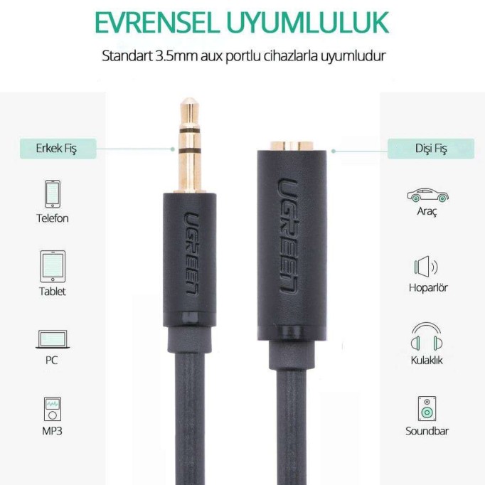 Ugreen 3.5mm Aux Kulaklık Mikrofon Uzatma Kablosu 2 Metre