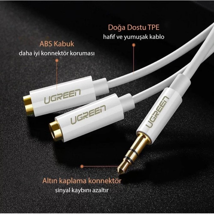 Ugreen 3.5mm Aux Stereo Kulaklık Çoklayıcı Kablo Beyaz