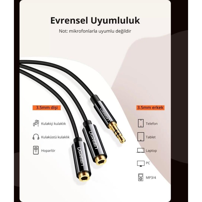 Ugreen 3.5mm Aux Stereo Kulaklık Çoklayıcı Kablo Beyaz