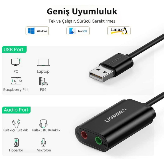 UGREEN 3.5mm Harici USB Ses Kartı Siyah