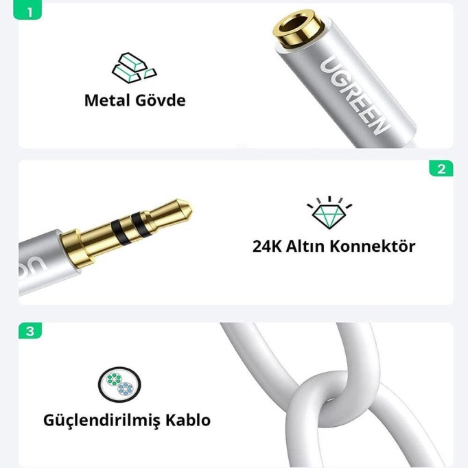 Ugreen 3.5mm TRS Kulaklık Çoklayıcı Y Kablo Beyaz