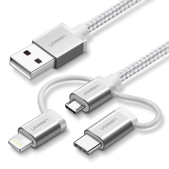 Ugreen 3 in 1 iOS Lightning Type-C Micro USB Şarj ve Data Kablosu Gümüş