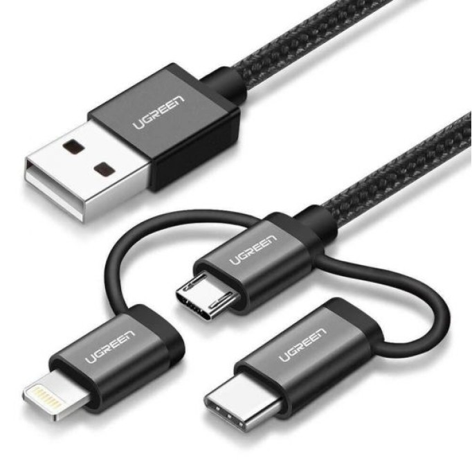 Ugreen 3 in 1 iOS Lightning Type-C Micro USB Şarj ve Data Kablosu Gümüş