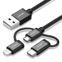 Ugreen 3 in 1 iOS Lightning Type-C Micro USB Şarj ve Data Kablosu Siyah
