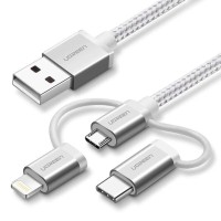 UGREEN 3'ü 1 Arada Örgülü iPhone Lightning Type-C Micro USB Şarj Kablosu 1.5 Metre