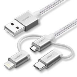 1 Metre UGREEN 3'ü 1 Arada Örgülü iPhone Lightning Type-C Micro USB Şarj Kablosu 1 Metre