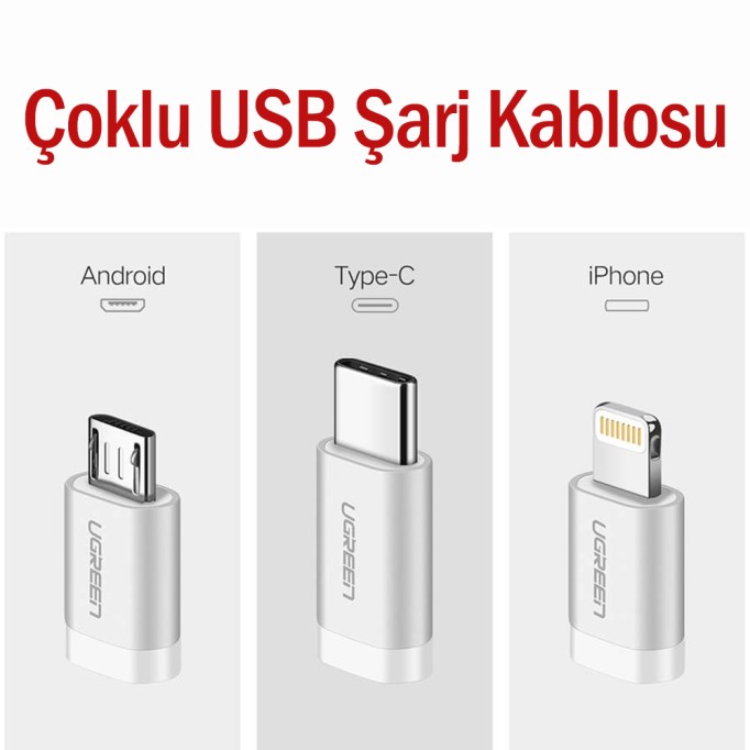 Ugreen 3ü 1 Arada Örgülü iPhone Type-C Micro USB Şarj Kablosu