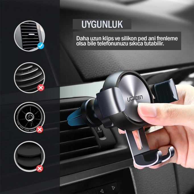 UGREEN 360 Derece Mekanik Araç İçi Telefon Tutucu
