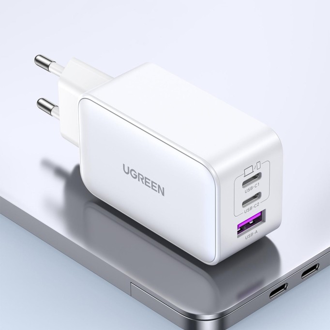 Ugreen 65W USB Type-C QC 4.0 PD 3.0 GanX 3 Portlu Hızlı Şarj Cihazı Beyaz