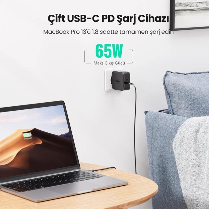 Ugreen 66W 2 Portlu USB-C PD Hızlı Şarj Cihazı Siyah