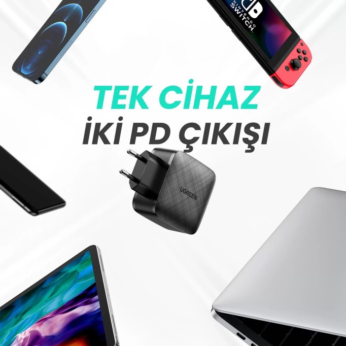 Ugreen 66W 2 Portlu USB-C PD Hızlı Şarj Cihazı Siyah