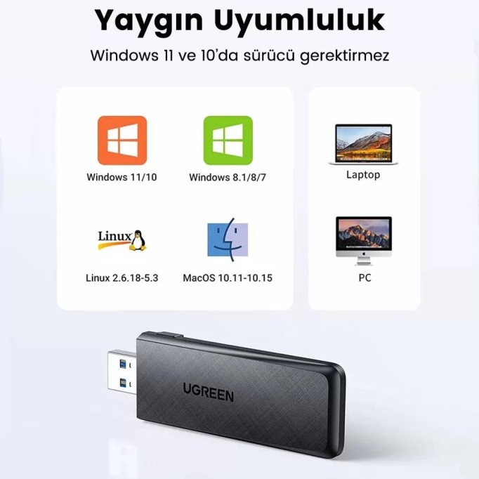 Ugreen AC1300 USB 3.0 1300Mbps 2.4/5Ghz Wi-Fi Kablosuz Alıcı Ağ Adaptörü