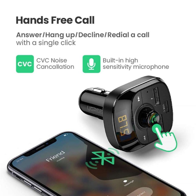 Ugreen Bluetooth 5.0 QC 3.0 PD Araç Çakmaklık Şarj Cihazı FM Transmitter