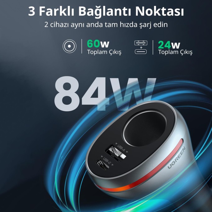 Ugreen Çakmaklık Girişli Type C USB 24W Araç İçi Şarj Cihazı