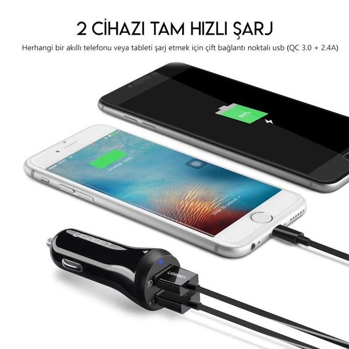 UGREEN Çift USB Çıkışlı QC 3.0 Araç Şarj Cihazı