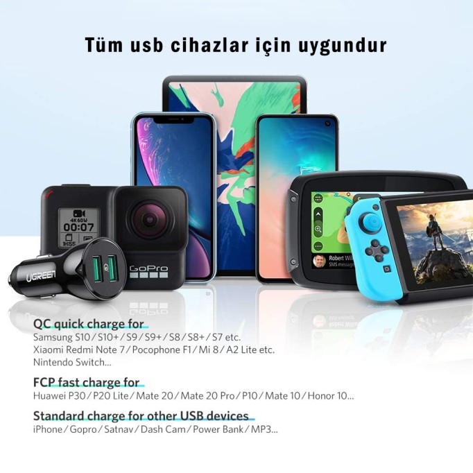 UGREEN Çift USB Çıkışlı Qualcomm 3.0 Araç Şarj Cihazı
