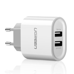 Beyaz UGREEN Çift USB Çıkışlı Şarj Adaptörü Beyaz