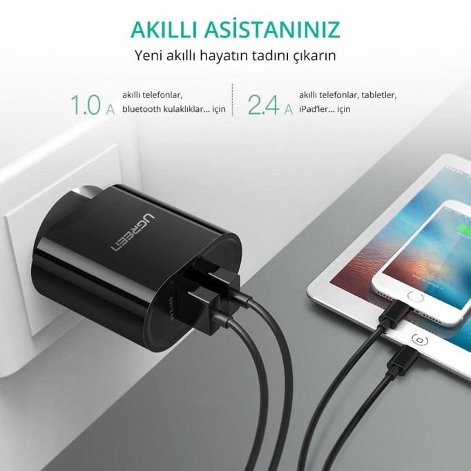 UGREEN Çift USB Çıkışlı Şarj Adaptörü Siyah