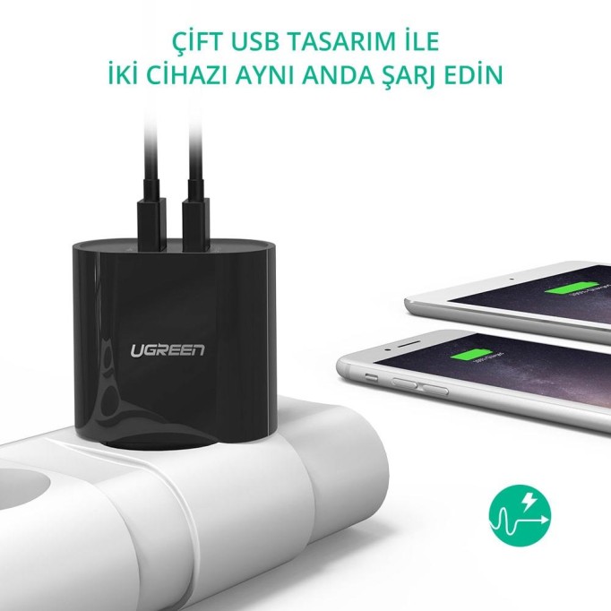UGREEN Çift USB Çıkışlı Şarj Adaptörü Siyah