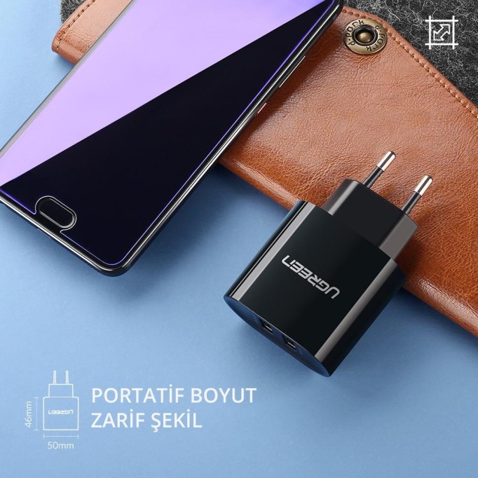 UGREEN Çift USB Çıkışlı Şarj Adaptörü Siyah