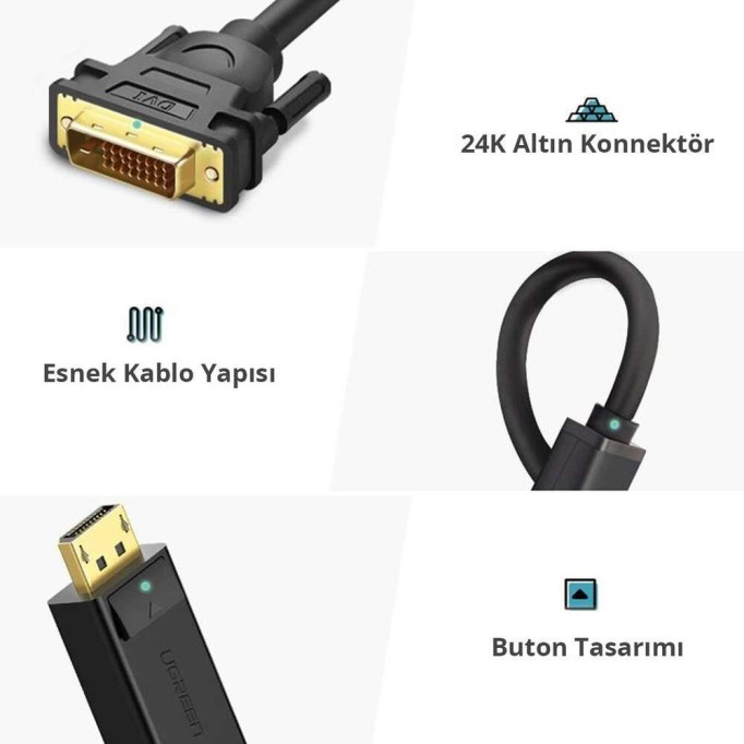 Ugreen DisplayPort Erkek to DVI 24+1 Erkek Görüntü Aktarma Kablosu 2 Metre