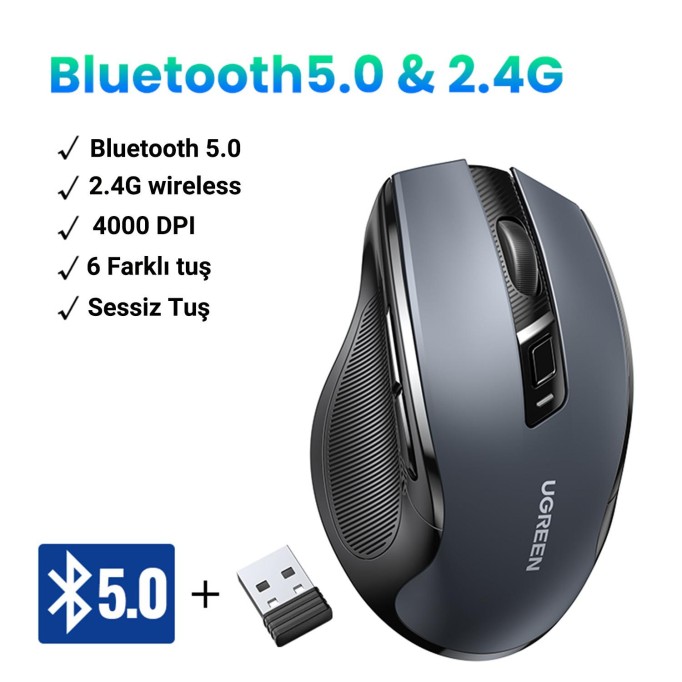 Ugreen Dual Mode 2.4GHz Kablosuz ve Bluetooth 4000DPI Sessiz Optik Mouse