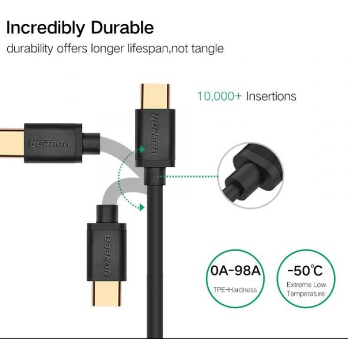 UGREEN Gold Plated USB Type-C Şarj Kablosu Siyah / 50 Cm
