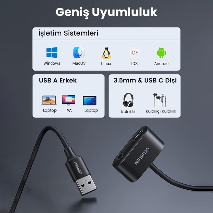 Ugreen Harici USB to Type-C 3.5mm Aux Girişli USB Ses Kartı