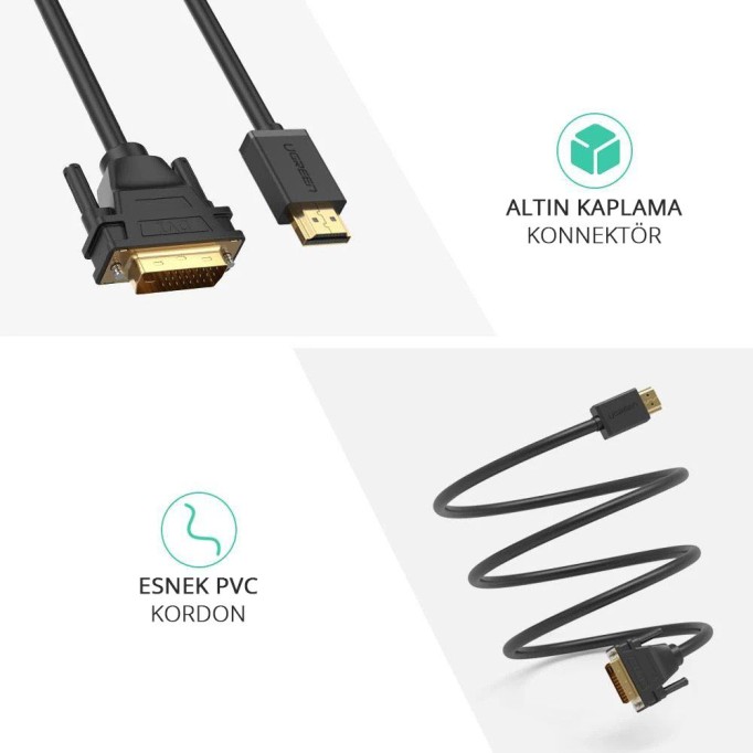 Ugreen HDMI DVI 1080P Çift Yönlü Görüntü Aktarma Kablosu 1 Metre