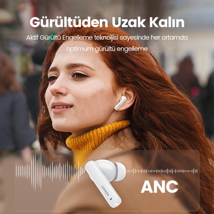 Ugreen HiTune T3 ANC / Ambiyans TWS Kablosuz Bluetooth 5.2 Kulaklık Beyaz