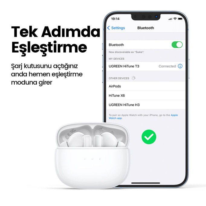 Ugreen HiTune T3 ANC / Ambiyans TWS Kablosuz Bluetooth 5.2 Kulaklık Beyaz