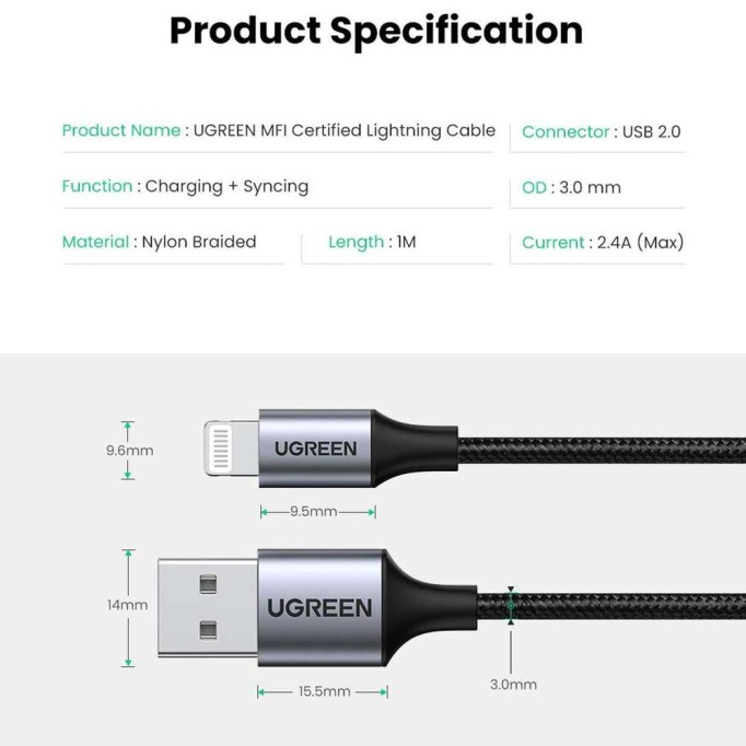 Ugreen Lightning iPhone Örgülü Data ve Şarj Kablosu Beyaz 1.5 Metre