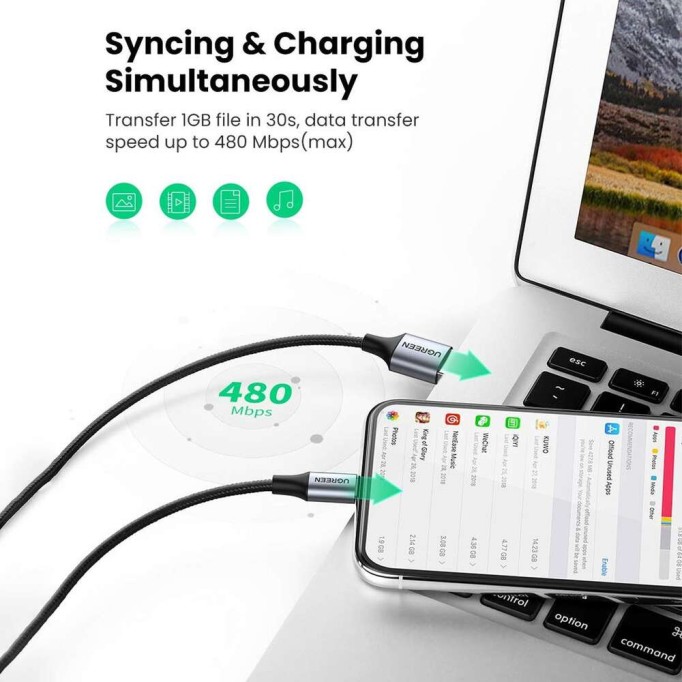 Ugreen Lightning iPhone Örgülü Data ve Şarj Kablosu Siyah 1 Metre