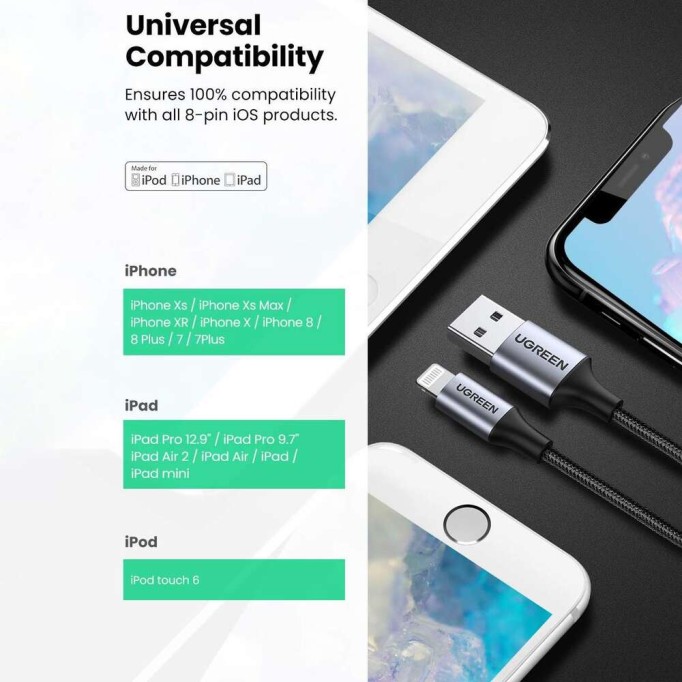 Ugreen Lightning iPhone Örgülü Data ve Şarj Kablosu Siyah 2 Metre