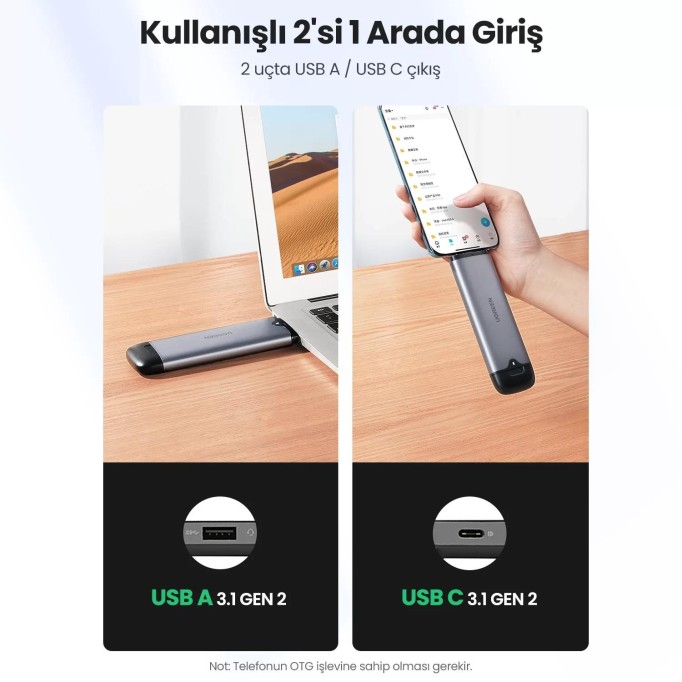 Ugreen M.2 NVME USB-A USB-C 3.1 Gen 2 M ve B + M KEY SSD Disk Kutusu