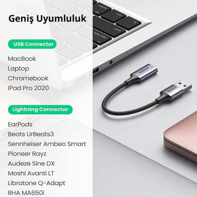 Ugreen MFi USB Lightning Örgülü Ses Kablosu Dönüştürücü