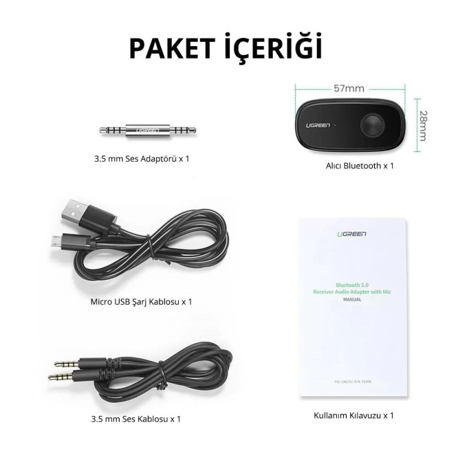 Ugreen Mikrofonlu Aux Bluetooth 5.0 Aptx Araç Kiti