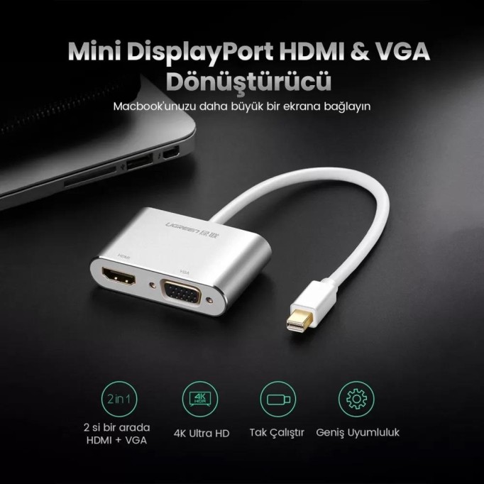 Ugreen Mini DisplayPort to VGA 4K HDMI Dönüştürücü Adaptör Gümüş