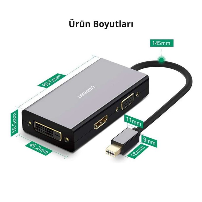 Ugreen Mini DP to HDMI DVI VGA Görüntü Dönüştürücü Adaptör Siyah