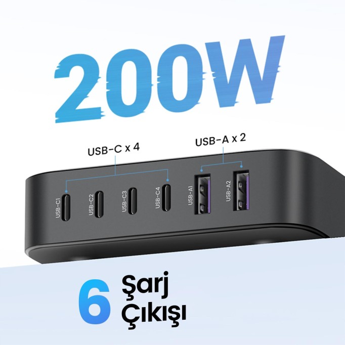 Ugreen Nexode 200W GaN II 6 Portlu Masaüstü Hızlı Şarj Cihazı İstasyonu