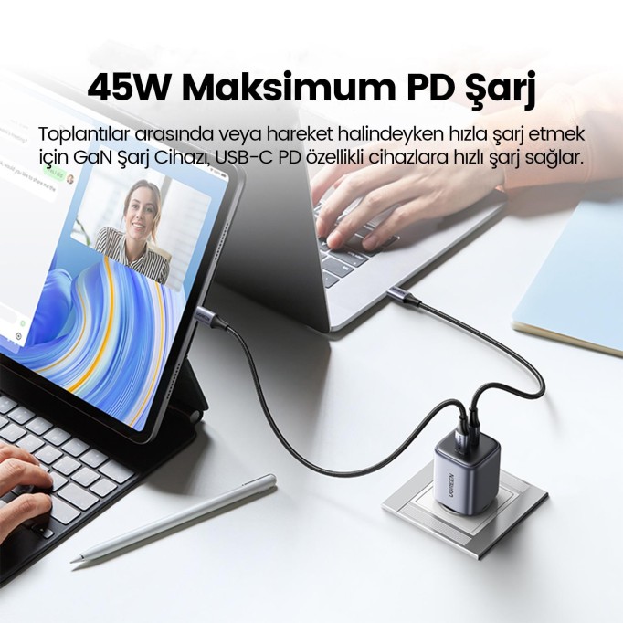 Ugreen Nexode 45W USB Type-C QC 4.0 PD GaN X 2 Portlu Hızlı Şarj Cihazı